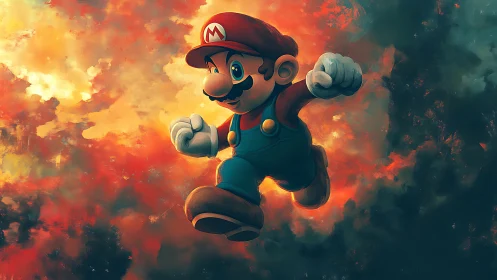 Heroic mustached jumper soars through fiery painted sky.