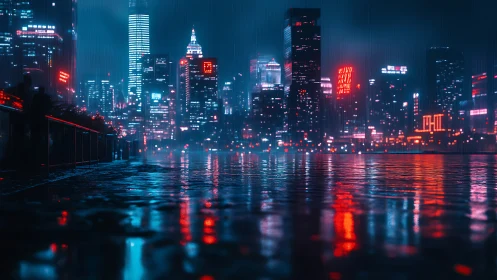Neon city skyline reflects across wet waterfront at night