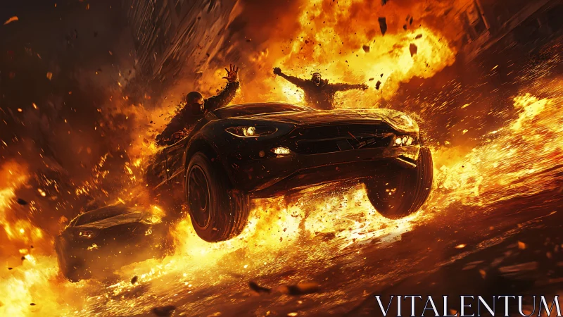 Cars in midair amid extensive urban street explosion.