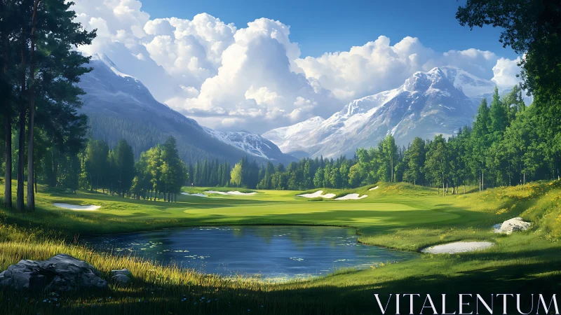 Peaceful mountain golf course wrapped in lush green beauty.