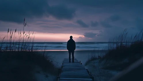 Silhouetted observer on coastal boardwalk at stormy twilight.