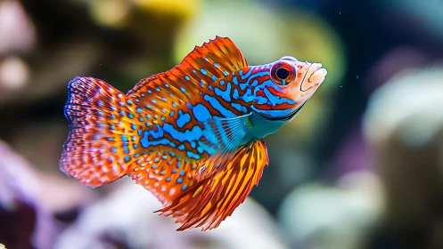 Colorful mandarin fish glides through softly blurred reef water