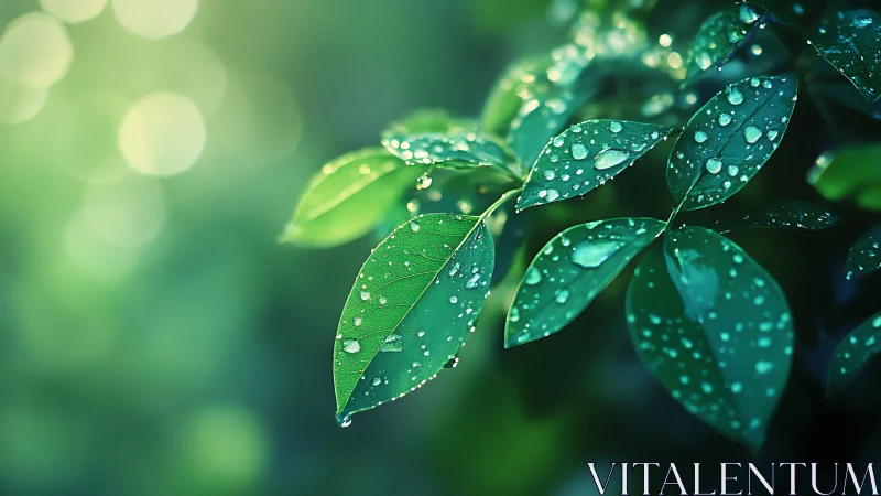 Dew-covered green leaves with soft bokeh background glow.