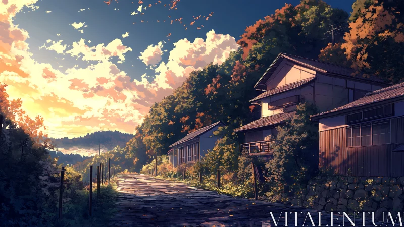 Sunlit rural street lines hillside houses under bright clouds