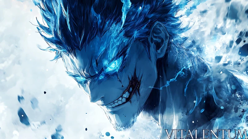 Blue flame rogue with a wicked grin and stormlit eyes.