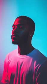 Neon quietude crowns a contemplative portrait in duo glow.