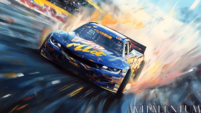 Dynamic stock car apex drift with kinetic paint streaks.