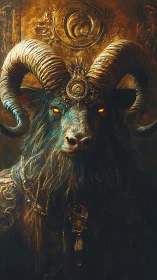 Horned ram guardian with glowing eyes in gold regalia.