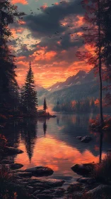 Fiery mountain sunset ignites tranquil forest lake reflection.