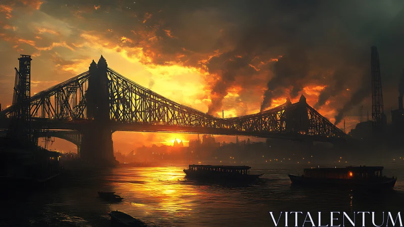 Industrial river bridge silhouetted by blazing sunset glow.