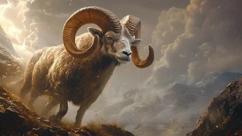 Ram stands on rocky mountain slope under dramatic clouds