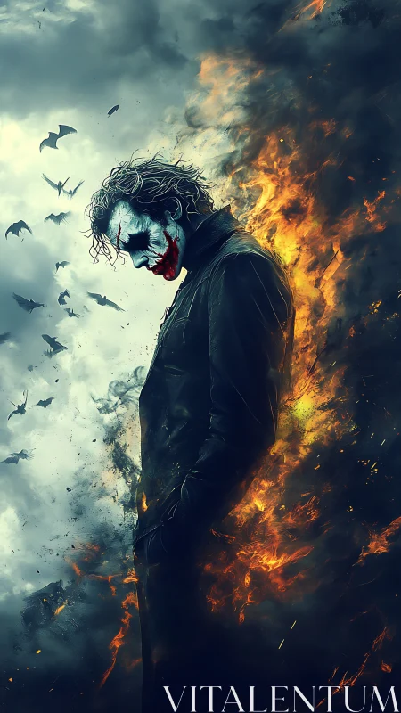 Brooding trickster framed by swirling fire and stormy sky.