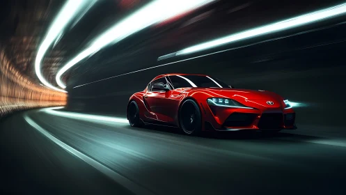 Red Toyota sports coupe in illuminated motion tunnel scene.