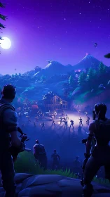 Nighttime digital battle scene with armed figures and terrain.