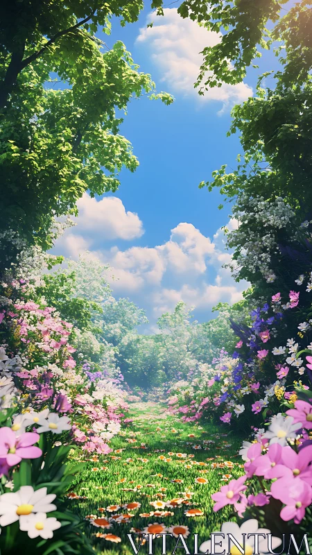 Sunlit flower path leading into a peaceful secret garden.