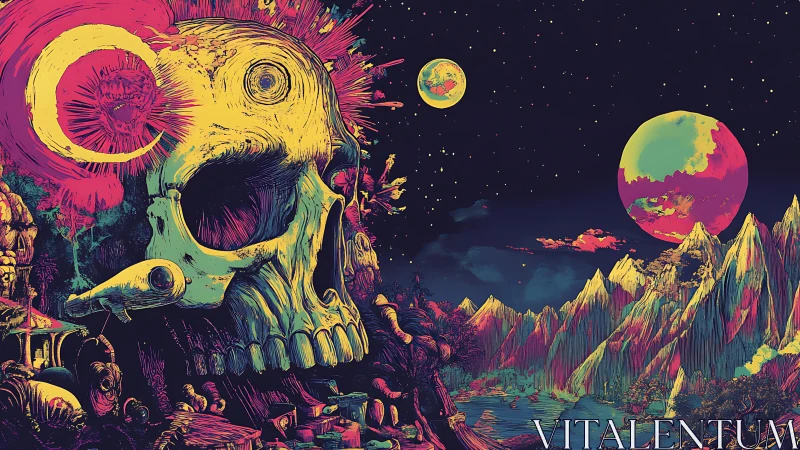 Skull structure in surreal alien landscape under dual moons.