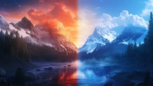 Mountains trade fire for frost across a mirrored valley