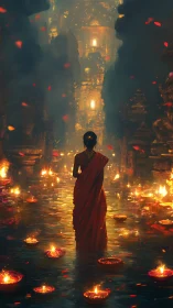 Woman in red sari walks through glowing temple river of light.