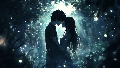 Silhouetted couple standing close in softly lit forest.
