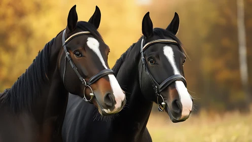 Twin dark bay horses in bridles against soft autumn bokeh.