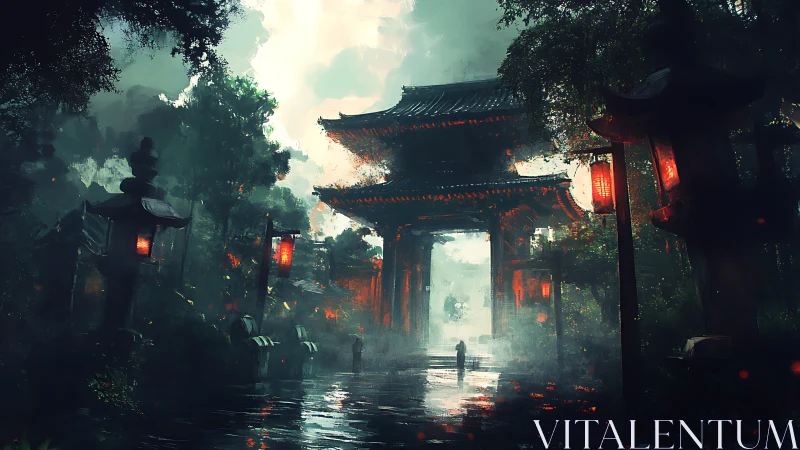Foggy temple gate with lanterns in dense forest setting.