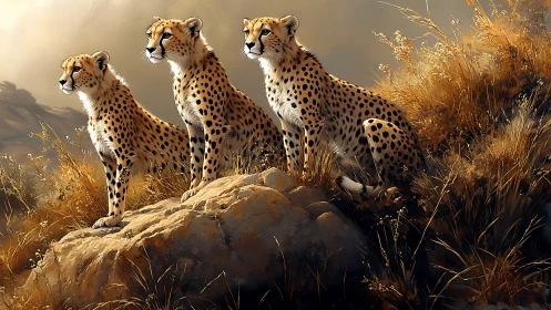 Three Cheetahs Stand Alert on Stone, Savanna Sentinels in Golden Light.