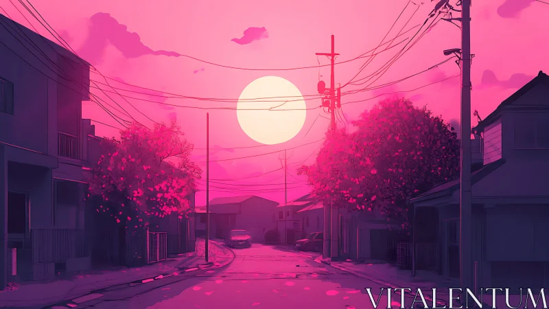 Neon pink suburban street under glowing anime sunset sky.
