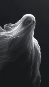 Ghostlike figure wrapped in translucent flowing fabric moves
