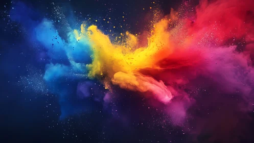 Multicolor powder dispersion on dark gradient background.