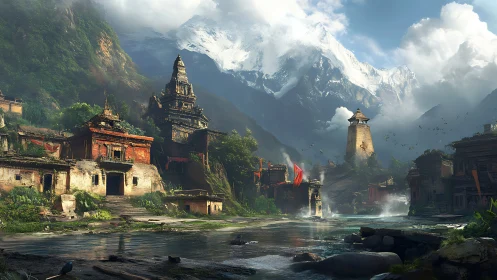 Digital painting of Himalayan riverside temple citadel at dawn.