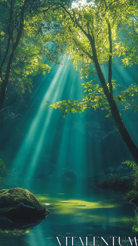 Volumetric sunbeams penetrate dense forest canopy over lagoon