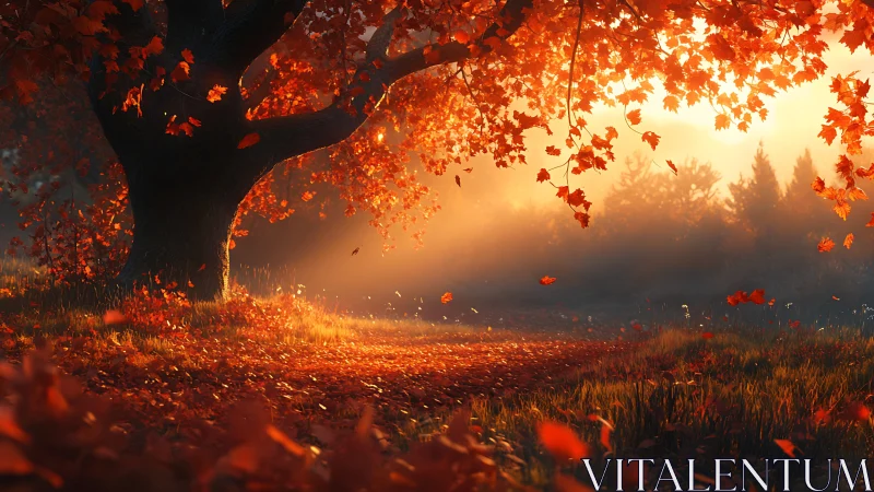 Sunlight passes through dense autumn foliage over forest path