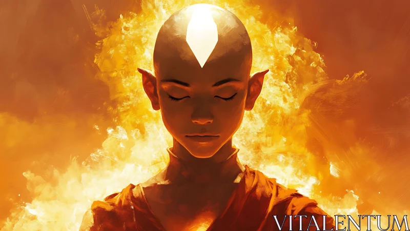 Volumetric fire aura encircling meditative arrow-marked monk.