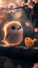 Fluffy songbirds share soft spring light on mossy branch