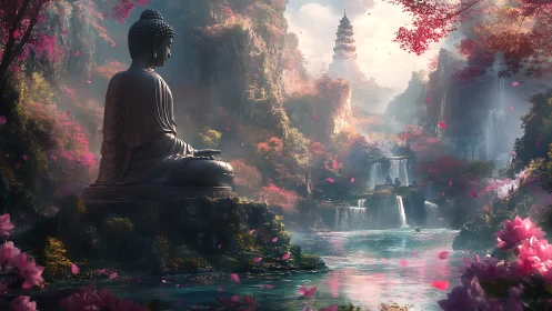 Buddha valley sanctuary with cascading waterfalls and pagoda