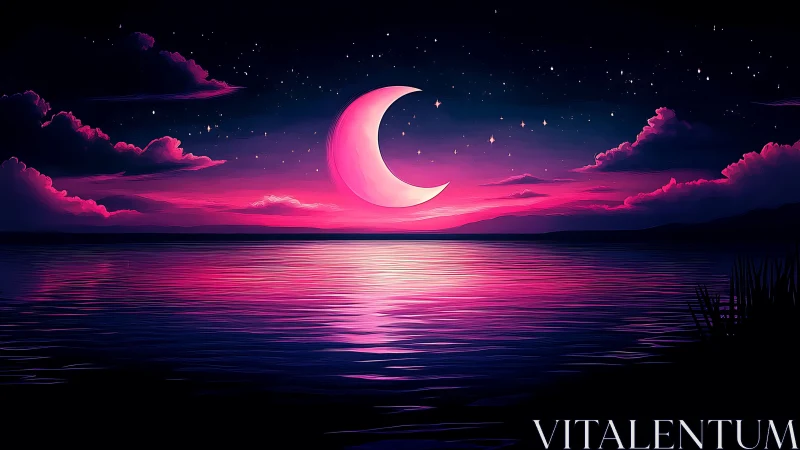 Dreamy crescent moon drifting over a glowing pink sea.