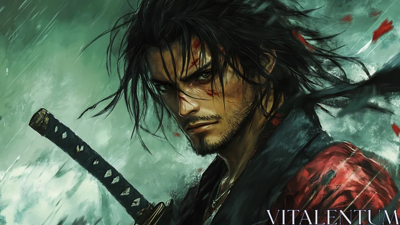 Battle-worn ronin in dynamic close-up digital portrait study