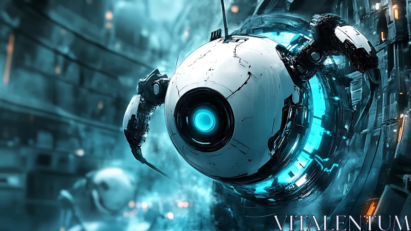 Curious floating robot orb exploring a glowing sci fi hub.