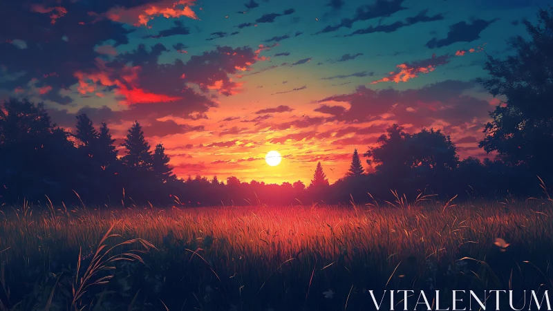 Digital landscape shows low sun over treeline and grassy field