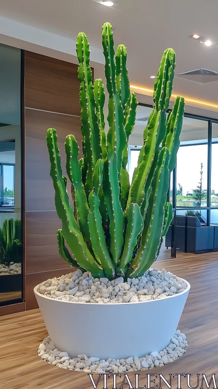 Tall columnar cactus in sleek white planter indoors.