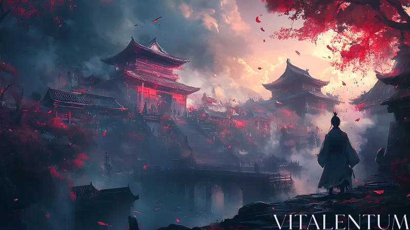 Solitary samurai surveys crimson-lit mountain temple city
