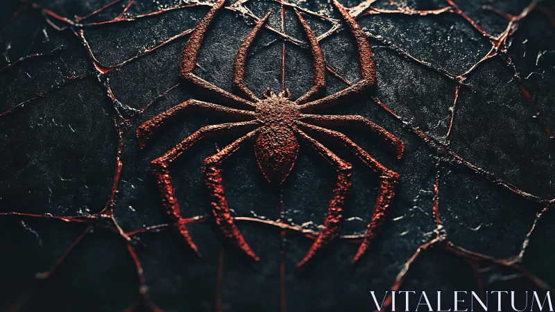 Bold red spider emblem glows against cracked dark stone