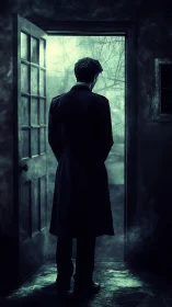 Noir threshold figure in mist-saturated doorway environment.