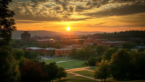 Golden hour panorama frames sunlit academic campus