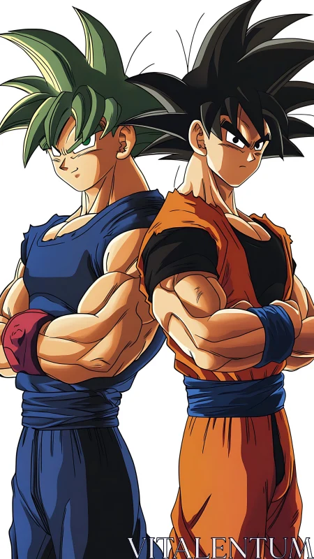 Back-to-back anime warriors display dynamic color contrast