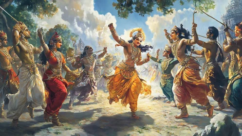 Divine dancers whirl through a mythic battlefield of light.