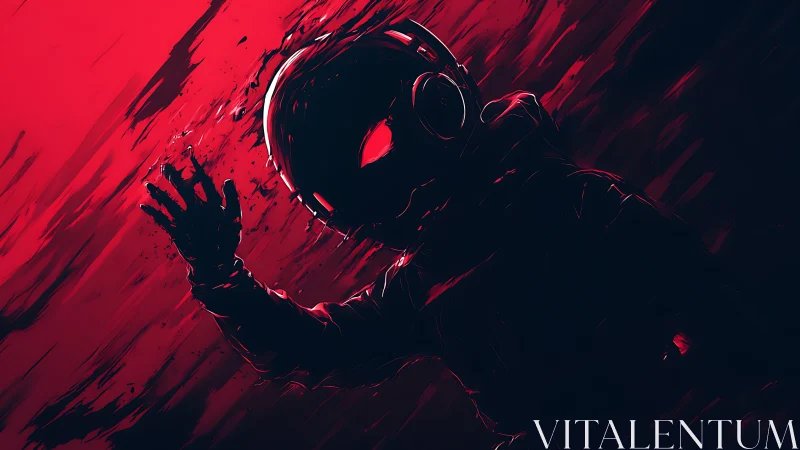 Digital painting of voidbound astronaut in red-black chiaroscuro.