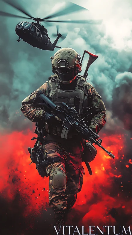 Armored infantry operator advances through incendiary smoke field