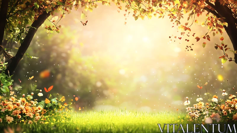 Enchanted Autumn Garden Glowing in Golden Sunlight