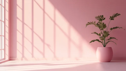 Soft daylight on pink interior with potted monstera plant
